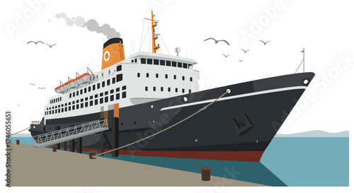 A large ship docks at a pier with seagulls flying above
