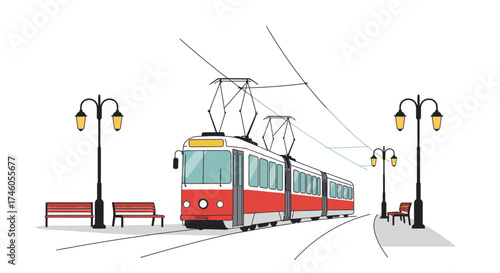 A red and white tram stands on tracks at a stop with benches and streetlights