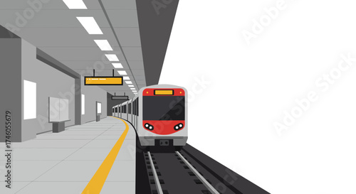 A train stands at a subway station platform with lights above track below and gray walls all around