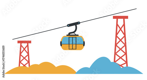 A yellow ski lift cabin on a cable between red towers atop orangeblue stylized hills