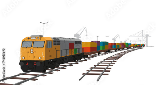 A yellow locomotive pulls freight containers on a rail track amid portside cranes