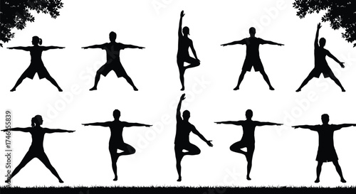 Yoga silhouettes practicing outdoor balance poses, fitness and mindfulness illustration, healthy lifestyle exercise concept with nature, trees, relaxation, and meditation.