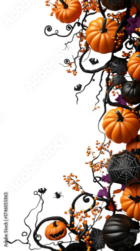 Vertical Halloween border with pumpkins, vines, berries, and spider webs, leaving wide central copy space for design.