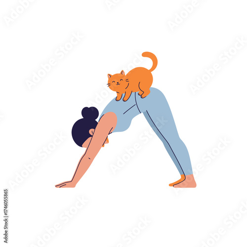 A woman performs yoga while a cat playfully sits on her back.