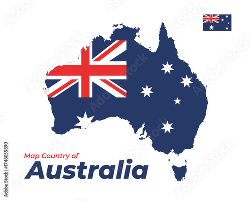 Map of Australia with national flag colors and coat of arms inside. Vector illustration of Oceania country outline, patriotic symbol design.