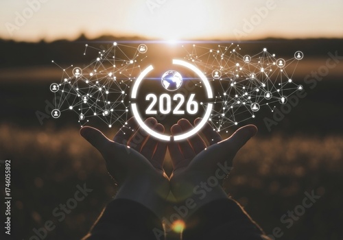 Hands cupping glowing 2026 with a global digital network and social connections, symbolizing future technology, progress, and interconnectedness against a warm sunset backdrop.
