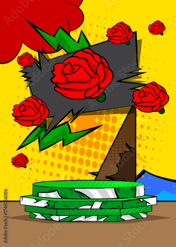 Comic Book Product podium stage for mockup presentation with Red Rose. Retro comics background.