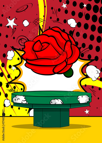 Comic Book Product podium stage for mockup presentation with Red Rose. Retro comics background.