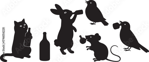 Animal silhouettes, drinking bottles, whimsical pets, cartoon style, black vector, funny creatures, anthropomorphic animals, cat rabbit bird mouse, minimal design, editable illustration