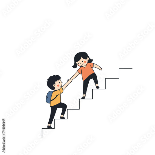 Two children helping each other climb stairs, symbolizing support and teamwork.