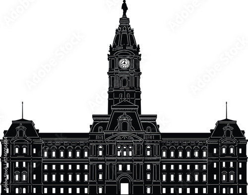Historic architectural building illustration with detailed clock tower, classic landmark design, vintage city hall silhouette isolated on white background vector