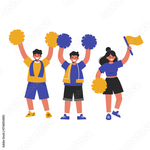 Cheerful characters celebrating with pom-poms and a flag, showcasing team spirit.