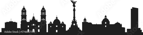 Black silhouette skyline of Mexico City with famous landmarks, historical buildings, architecture illustration, travel destination vector art, urban design