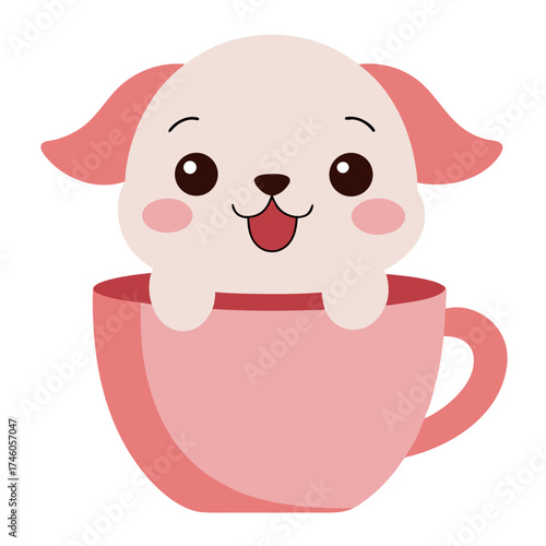 Adorable kawaii puppy with rosy cheeks and a happy smile peeking out of a teacup vector on white background.