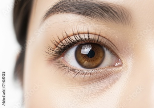 Detailed macro close-up of a beautiful brown human eye with long lashes and a sculpted eyebrow, showcasing skin texture and intricate iris patterns for beauty and health concepts.