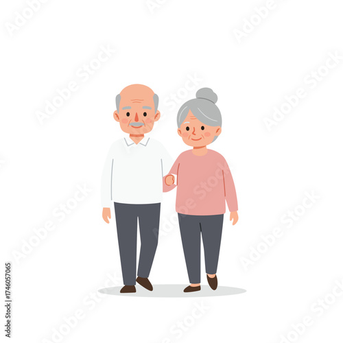 A cheerful elderly couple walking together, symbolizing companionship and love.