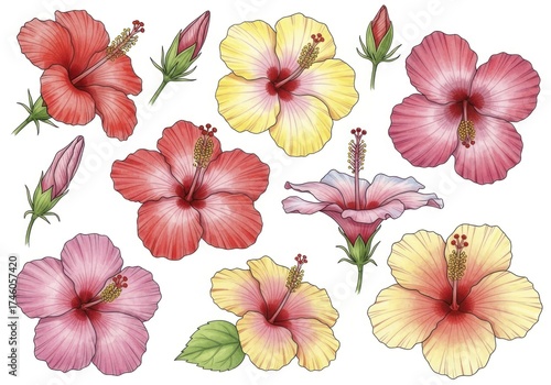Vibrant Watercolor Hibiscus Flowers and Buds Illustration Set on White Background