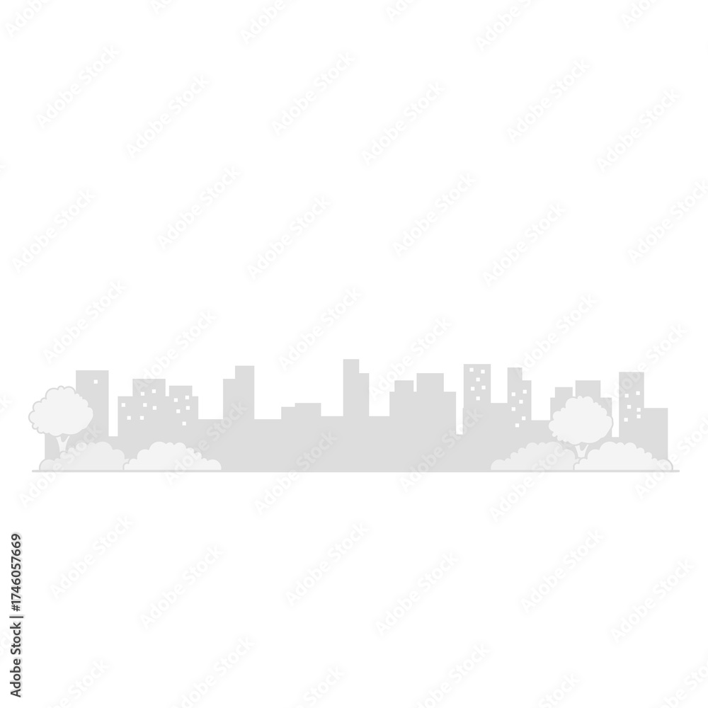 Naklejka premium Monochrome Cityscape Silhouette on Transparent Background Urban Skyline with Buildings Trees Bushes Simple Illustration Minimalist Design Architectural Landscape