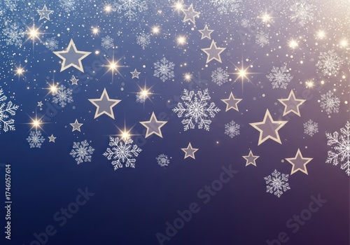 Magical Winter Holiday Background with Glistening Snowflakes, Stars, and Bokeh Lights on a Blue to Purple Gradient
