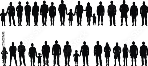 Silhouette of diverse people and families standing together, men women and children group illustration showing unity community and togetherness concept