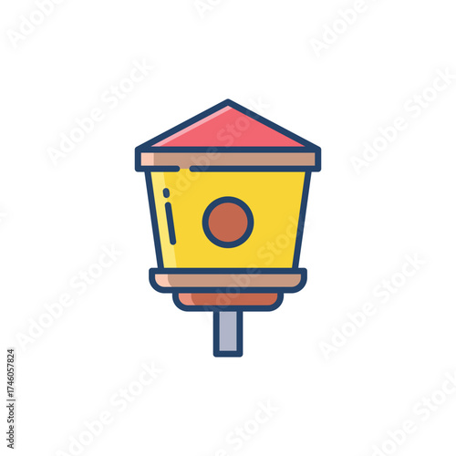 A stylized yellow and red birdhouse stands on a brown post It has a round entrance and dark blue outlines