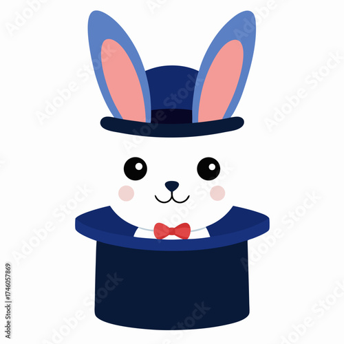 Rabbit with rosy cheeks peeking from a magician dark blue top hat animal vector on white background.