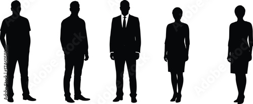 Silhouette group of business people standing together, professional teamwork concept, corporate office illustration, leadership and cooperation on white background