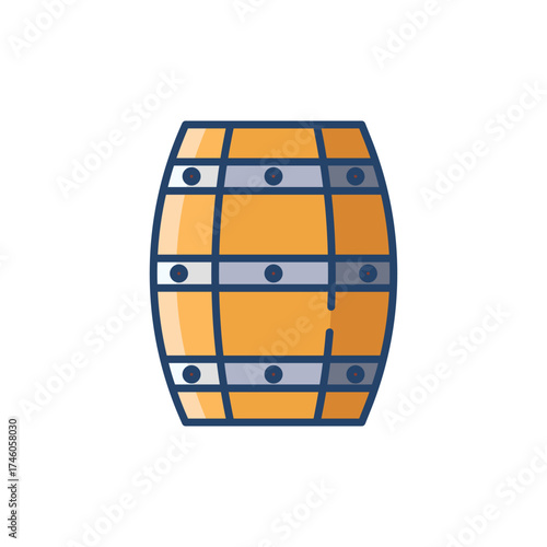 A brown barrel depicted in an illustrative style with blue bands and dots