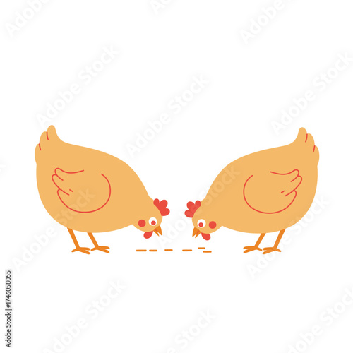 Two cartoon chickens pecking at the ground.