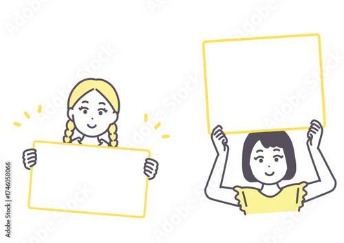 ボードを持ってお知らせをする二人の女の子　ベクターイラスト