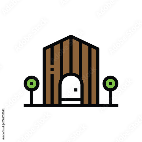 A brown wooden hut with an arched doorway has two green trees beside it