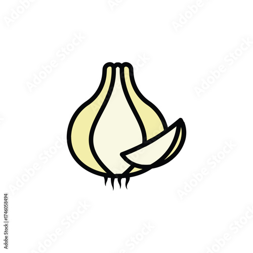A cartoonstyle garlic bulb is shown with a clove separated The colors are muted