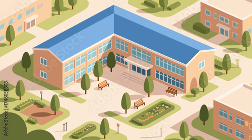 Isometric school building with trees and benches creates a peaceful learning environment perfect for educational materials or campus promotional visuals
