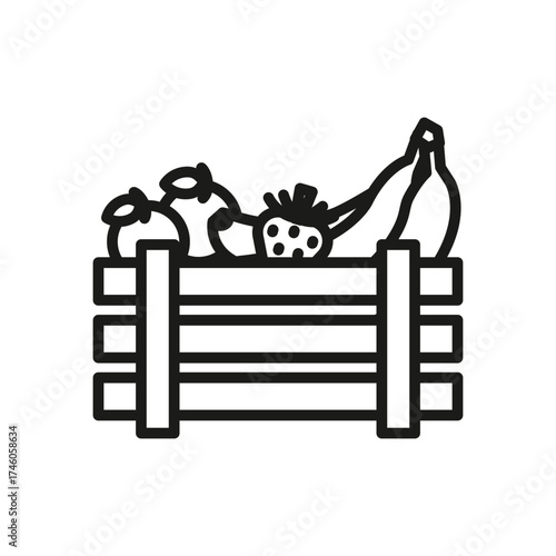 A crate of fruit including apples bananas and a strawberry. Editable stroke line icon