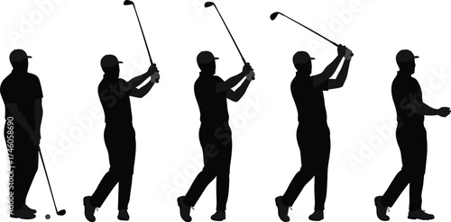 Silhouette sequence of a golfer swinging club, showing motion stages, professional golf posture, athletic sports training, isolated on white background