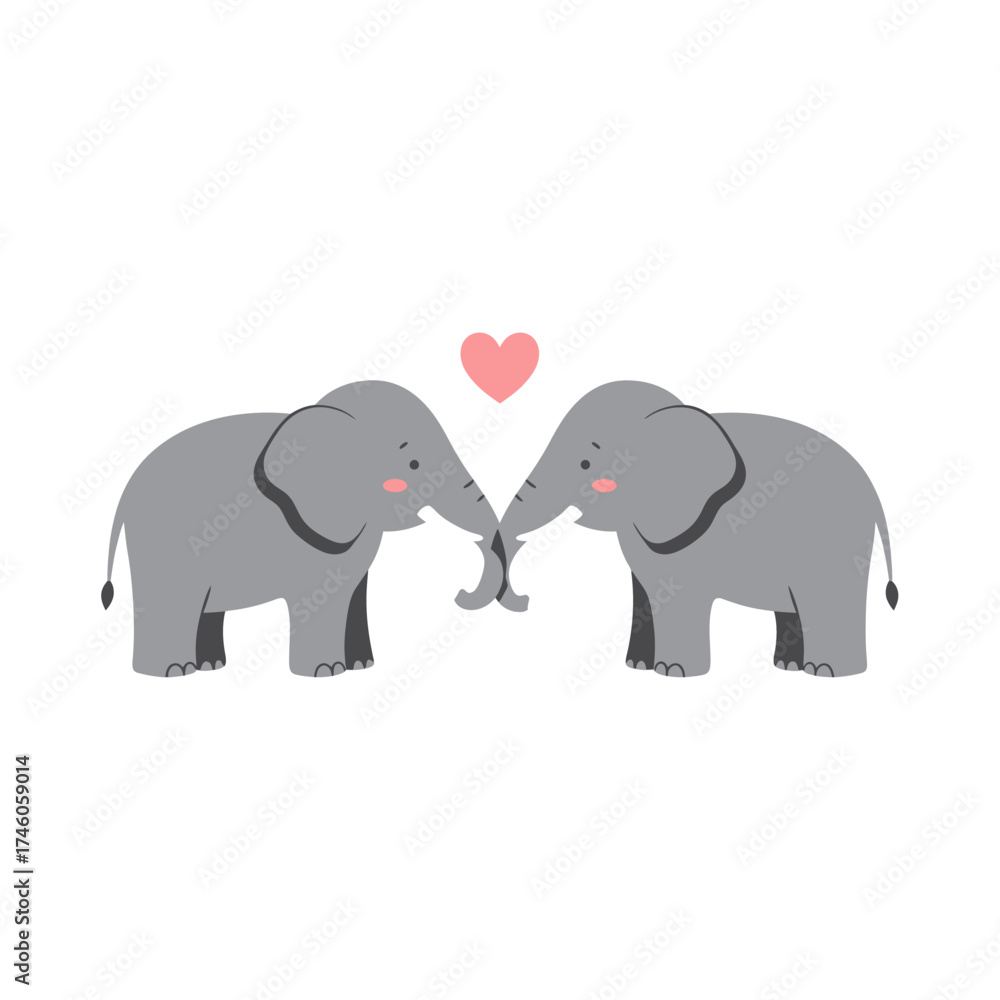 Fototapeta premium Two cute elephants touching trunks with a heart above, symbolizing love and friendship.