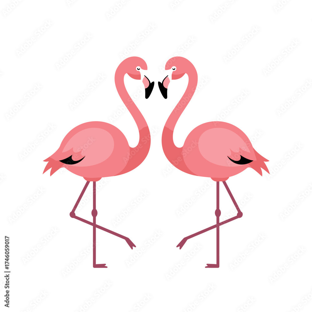 Naklejka premium Two stylized pink flamingos facing each other, showcasing a playful and romantic design.