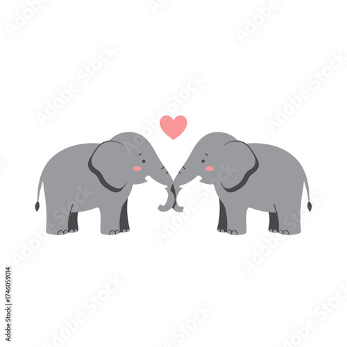 Two cute elephants touching trunks with a heart above, symbolizing love and friendship.