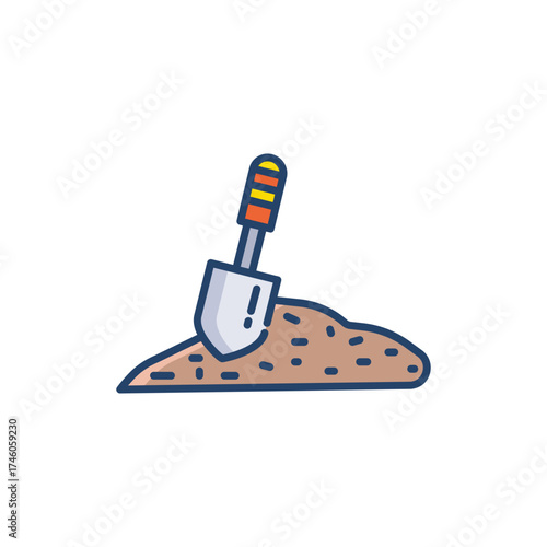 A shovel stuck into a pile of dirt The shovel has an orange handle