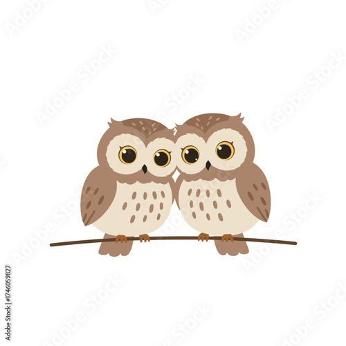 Two cute cartoon owls sitting closely on a branch, conveying a sense of companionship.