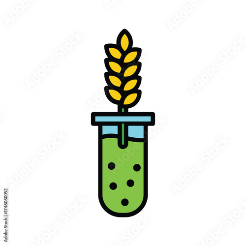 A wheat stalk sprouts from a test tube containing green liquid and black dots set against a white backdrop