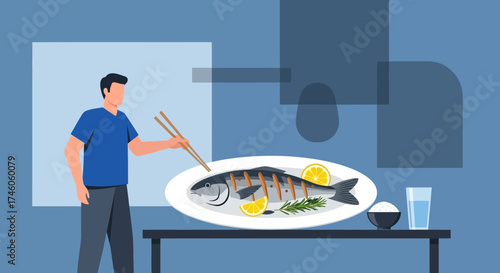 Grilled Fish Dish Served With Lemon And Rosemary, Ready To Eat In Vector Illustration