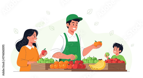 Grocer Interacting And Selling Fresh Fruits to Customers In Modern Illustrated Environment