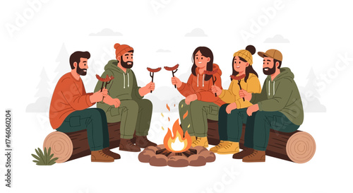 Group Of Adventurers Gathered Around Fire, Roasting Sausages On a Weekend Camping Trip