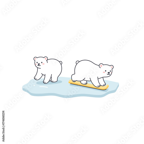Two playful polar bears on ice, one surfing on a board, showcasing fun in a winter setting.