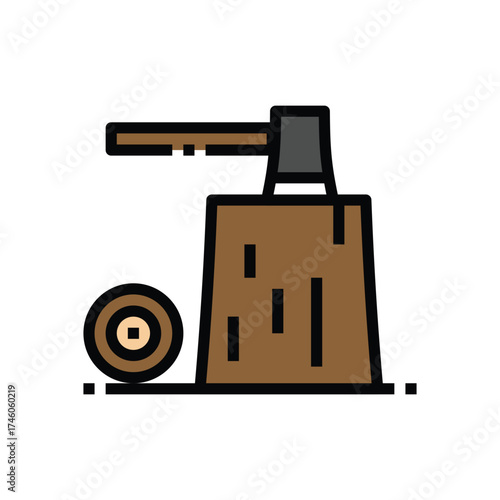 An axe is embedded in a wooden block next to a cut log