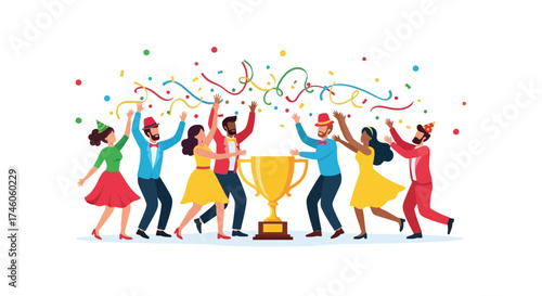 Group Joyfully Celebrating Victory with Trophy and Confetti in Vibrant Illustration