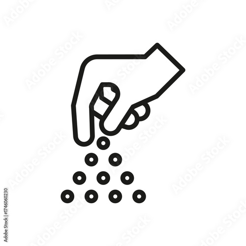 An icon depicts a hand releasing several small circles downwards. Editable stroke line icon