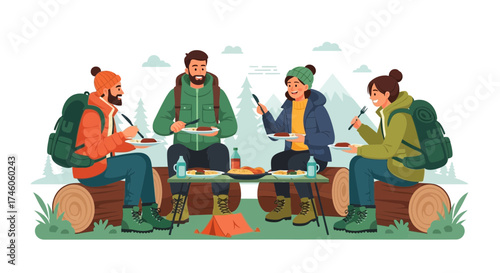 Group Of Backpackers Enjoying A Meal On A Camping Trip With Mountain Scenery Setting