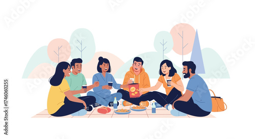 Group of diverse friends enjoying a picnic in the park together and having fun